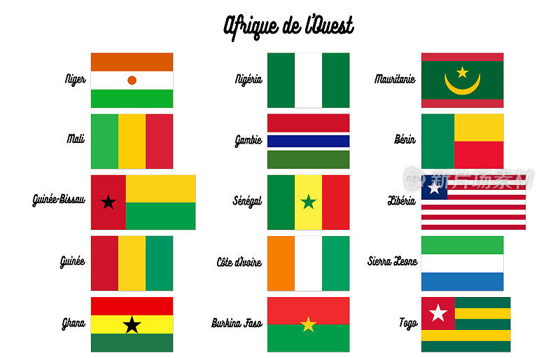 西非- 15个西非国家的国旗-孤立的(剪掉的)-用法语写的名字，白色字母，草书字母(手写)-黑色背景